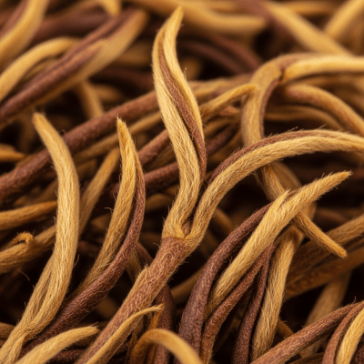 Macro photograph focusing on the texture and details of Jin Jun Mei leaves, within the taxonomy teas