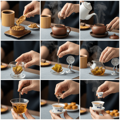 Step-by-step visual depiction showing the preparation process for Jin Jun Mei, within the taxonomy teas