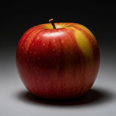 Editorial-style image of a single Jonagold from the taxonomy apples, dramatically lit against a dark gradient background to highlight color and texture.