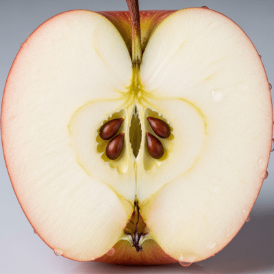 A close-up image showing a cross-section of a Jonagold of the taxonomy apples, sliced cleanly in half to reveal internal structure, seeds, and flesh