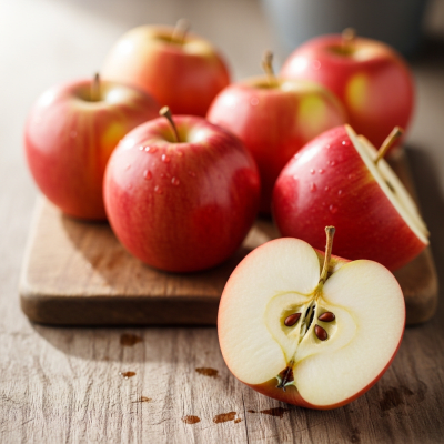 A simple arrangement showing several whole and one cut-open Jonagold, displayed on a wooden surface
