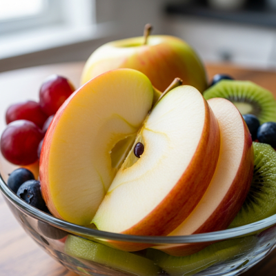 A photograph of a freshly sliced Jonagold of the taxonomy apples, presented as part of a fruit salad in a clear bowl