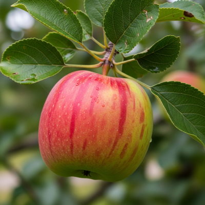 A naturalistic photograph of a Jonagold, hanging on its tree branch with leaves visible