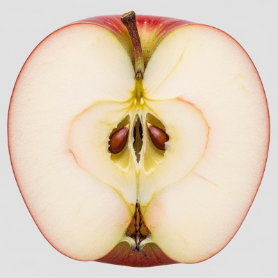 A close-up image showing a cross-section of a Jonathan of the taxonomy apples, sliced cleanly in half to reveal internal structure, seeds, and flesh