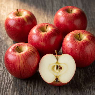 A simple arrangement showing several whole and one cut-open Jonathan, displayed on a wooden surface
