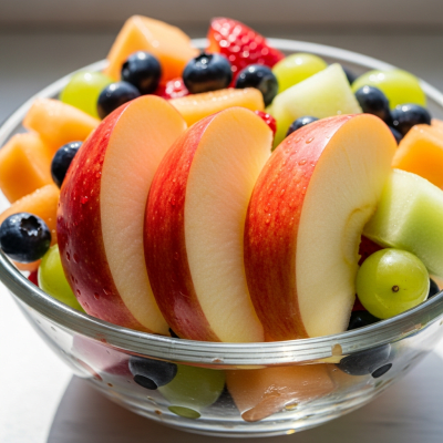 A photograph of a freshly sliced Jonathan of the taxonomy apples, presented as part of a fruit salad in a clear bowl