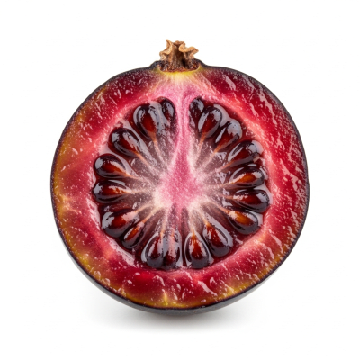 A cross-sectional view of a sliced Jostaberry, part of the taxonomy berries