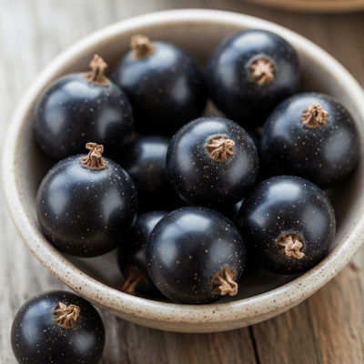 A high resolution image of several fresh Jostaberrys arranged in a simple bowl, representing their use within the taxonomy berries