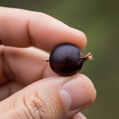 A factual photograph of a hand holding a ripe Jostaberry, illustrating its size and appearance for the taxonomy berries