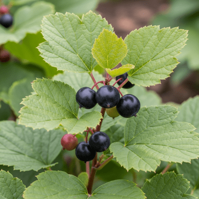 A naturalistic photograph of a Jostaberry growing on its plant in its typical environment, representing the taxonomy berries