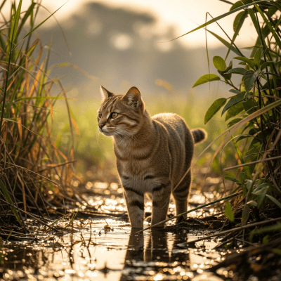 Photorealistic image of a Jungle Cat (felines) in its natural habitat