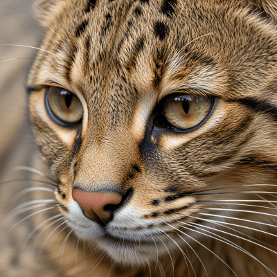 Close-up macro photograph focusing on the facial features and fur texture of a Jungle Cat