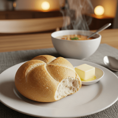 Photograph of Kaiser Roll, shown being served or eaten as part of a meal