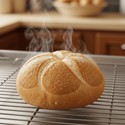 Photograph of freshly baked Kaiser Roll, cooling on a wire rack