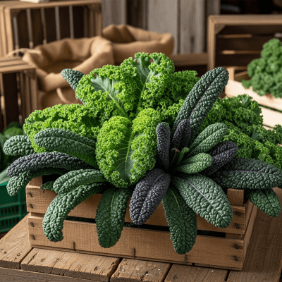 Image showing freshly harvested Kale, displayed in a farmer's market basket or crate