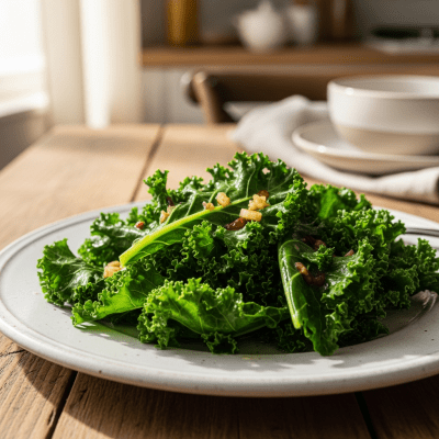 Photograph of a prepared dish or serving featuring the Kale, as commonly used in cuisine within the taxonomy vegetables