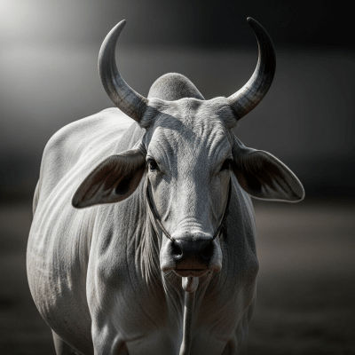 Editorial-style portrait of a Kankrej from the taxonomy cows, with dramatic lighting and shallow depth of field to highlight unique features or markings.