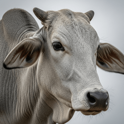 Close-up photograph of the head and face of a Kankrej, focusing on distinctive features such as eyes, ears, and fur texture