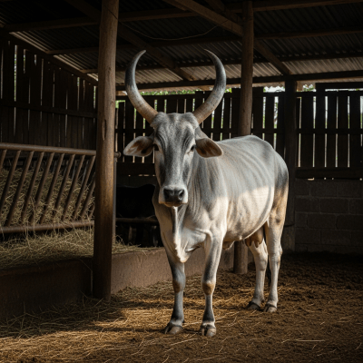 Documentary-style image of a Kankrej in a barn or shelter environment, showing typical housing conditions for cows
