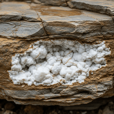 Naturalistic scene featuring Kaolinite in its typical geological environment, as categorized by minerals