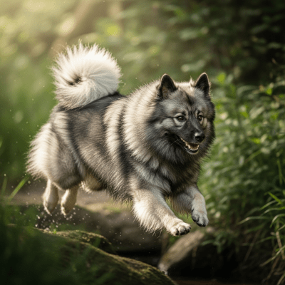 Full body action shot of a Keeshond
