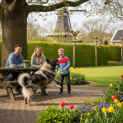 Image of a Keeshond interacting with humans in a typical cultural or domestic setting
