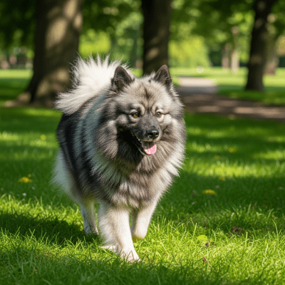 Naturalistic outdoor image of a Keeshond