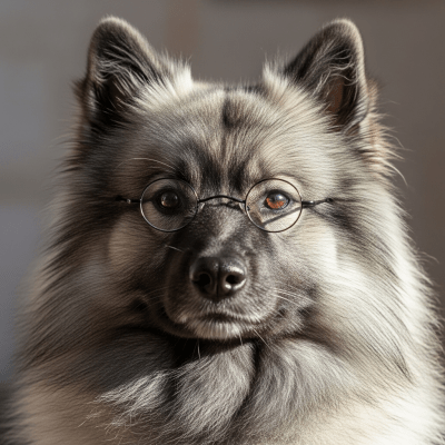 Close-up photograph of the face of a Keeshond