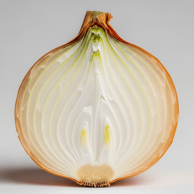A detailed cross-sectional image of a Kelsae onion (onions) cut in half to reveal its internal layers and structure