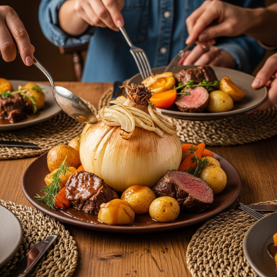 A cultural representation of a Kelsae onion (onions) featured in a traditional dish or meal setting