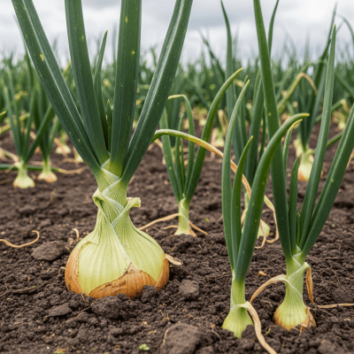 A photograph of a Kelsae onion (onions) in its natural environment or growing in soil