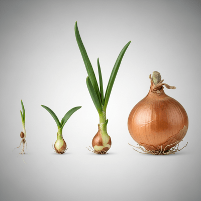 An image showing multiple stages of growth for a single type of Kelsae onion (onions), from seedling to mature bulb