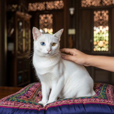 Image of a Khao Manee interacting with humans or participating in cultural activities