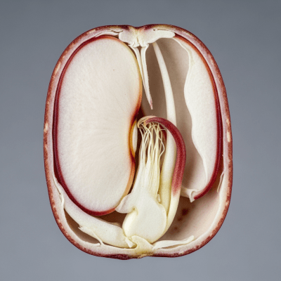A cross-sectional view of a single Kidney Bean (beans), sliced cleanly to reveal its internal structure and composition