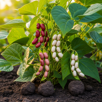 An image of Kidney Bean, belonging to the taxonomy beans, displayed in its natural environment—such as growing on a plant or vine, surrounded by leaves and soil
