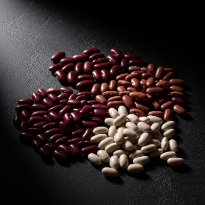 Editorial-style photograph of Kidney Bean, part of the taxonomy beans, arranged aesthetically on a dark background with dramatic lighting to highlight its shape and color.