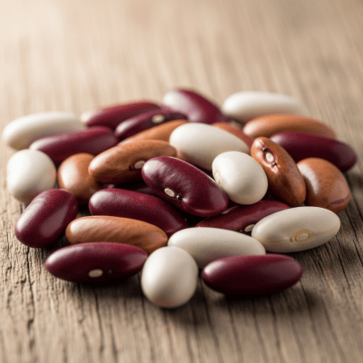 A handful of uncooked Kidney Bean beans (beans) scattered on a rustic wooden surface, photographed in natural light to emphasize their variety and color