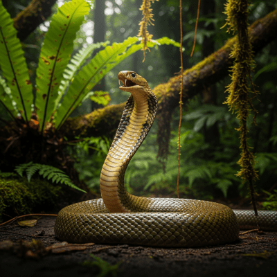 A dynamic action shot of a King Cobra, part of the taxonomy reptiles, in motion such as climbing, swimming, basking, or hunting in its environment