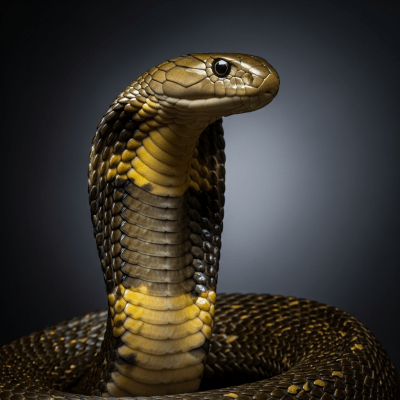 A striking, editorial-style portrait of a King Cobra (reptiles) in dramatic lighting.