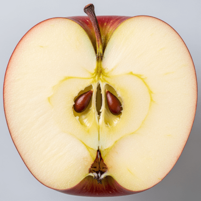 A close-up image showing a cross-section of a King David of the taxonomy apples, sliced cleanly in half to reveal internal structure, seeds, and flesh
