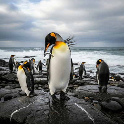 Photorealistic image of a King Penguin (birds) in its typical natural environment