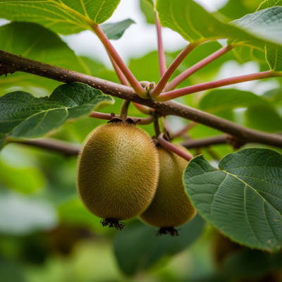 A photograph of a fresh Kiwi from the fruits taxonomy as it appears in its natural growing environment, such as on a tree, bush, or vine