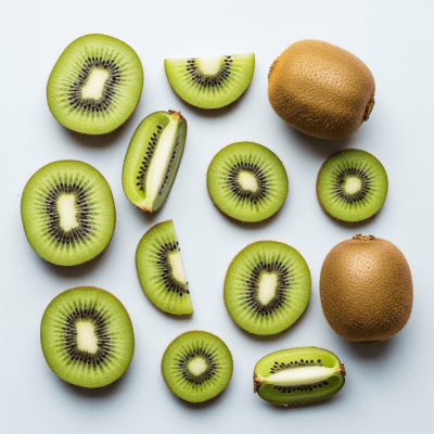 An overhead view photograph of several pieces of the Kiwi, from the fruits taxonomy, arranged aesthetically on a plain background