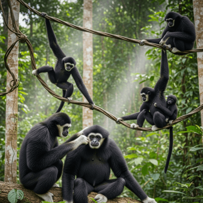 Image showing a group of Kloss's gibbon (apes) engaging in typical social behavior