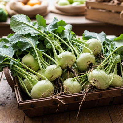 Image showing freshly harvested Kohlrabi, displayed in a farmer's market basket or crate