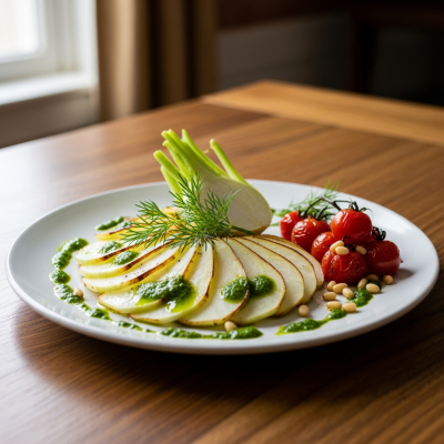 Photograph of a prepared dish or serving featuring the Kohlrabi, as commonly used in cuisine within the taxonomy vegetables