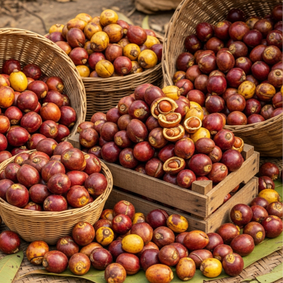 Photo showing harvested Kola nut (nuts) nuts in bulk, such as in baskets or containers