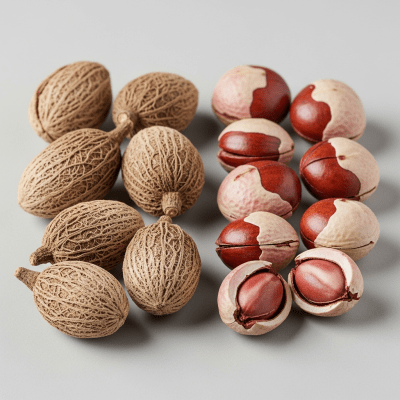 Image of a handful of unshelled and shelled Kola nut (nuts), side by side
