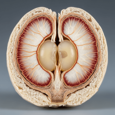 Macro close-up image showing the interior cross-section of a Kola nut (nuts)