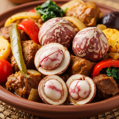 Photograph of a Kola nut (nuts) as used in cuisine, such as in a dish or as an ingredient